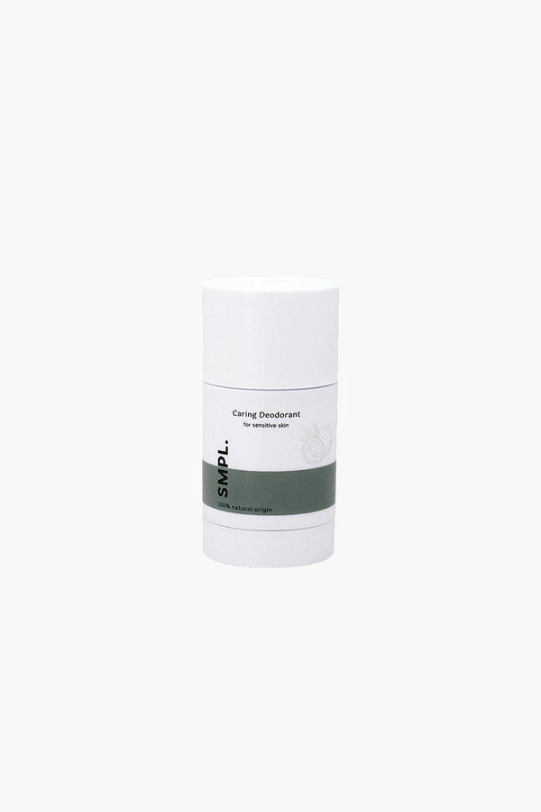Cylindrical deodorant container with a white label on a white background
