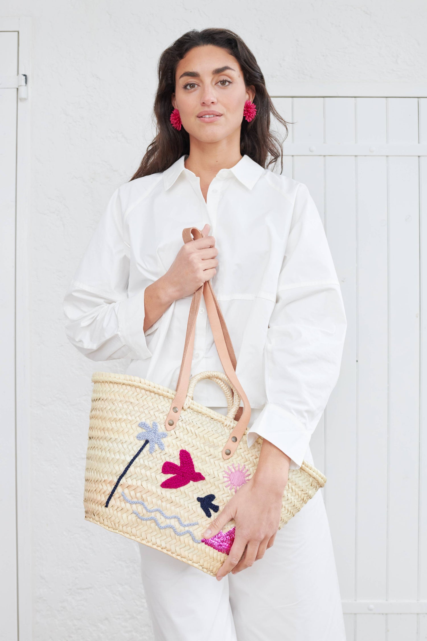 The Beach Violet embroidered basket – purple woven handbag with floral embroidery
