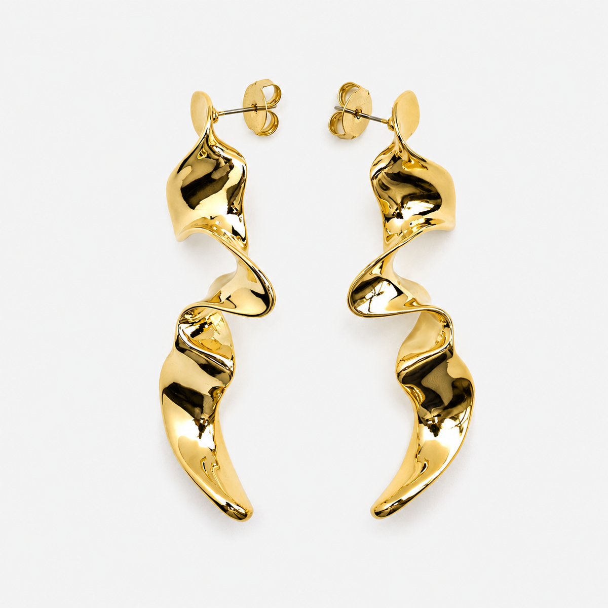 Triye contemporary gold drop earrings featuring a distinctive geometric shape and elegant statement design