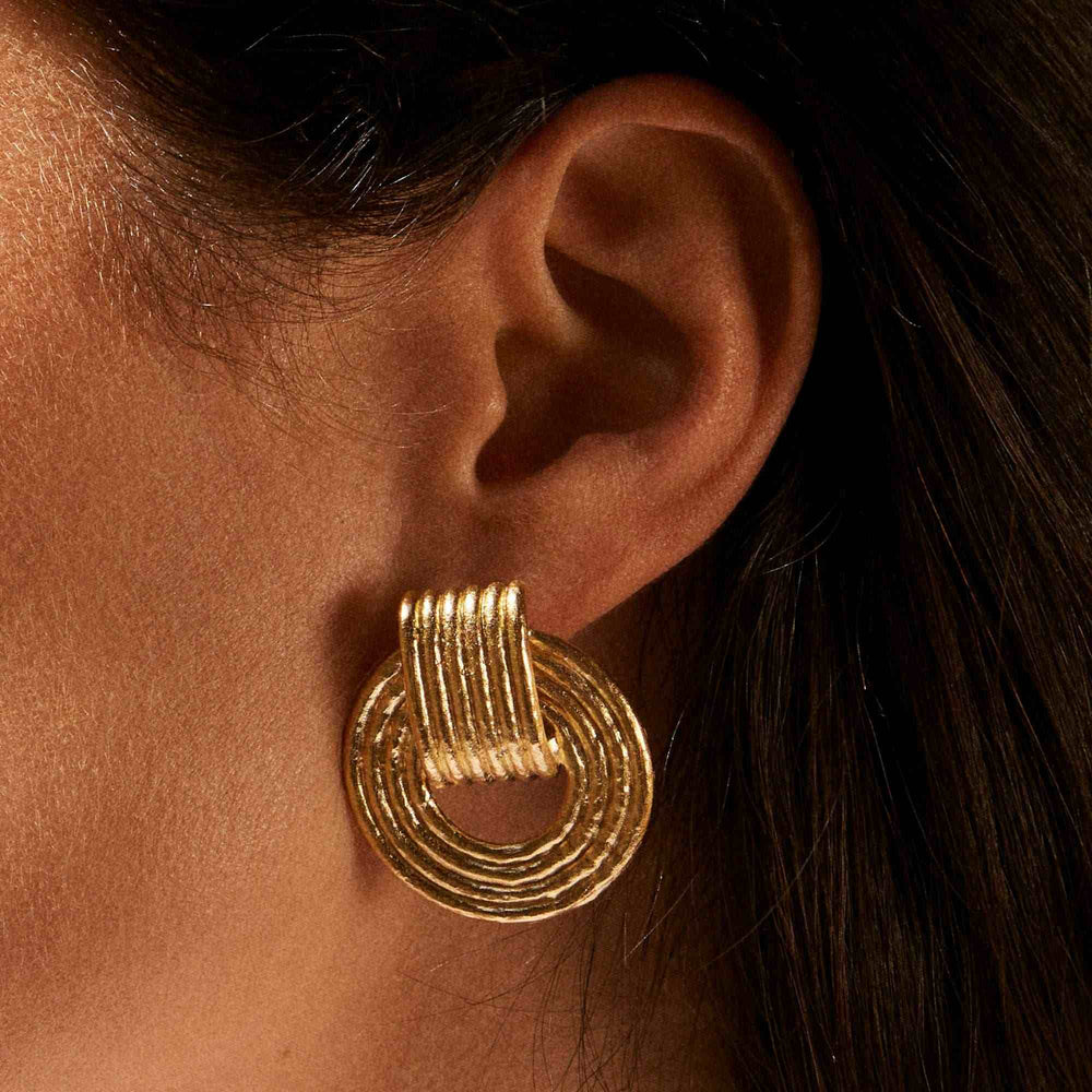 Pair of gold hoop earrings on a white background