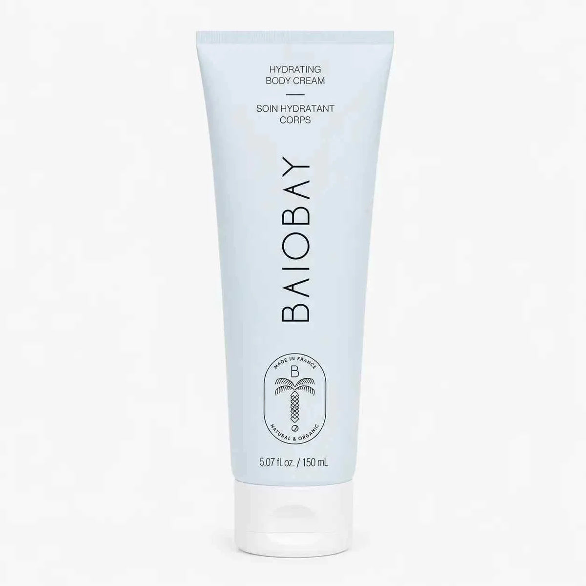 Baiobay Hydrating Body Cream in a sleek light blue tube with black text and white cap, 150 ml size