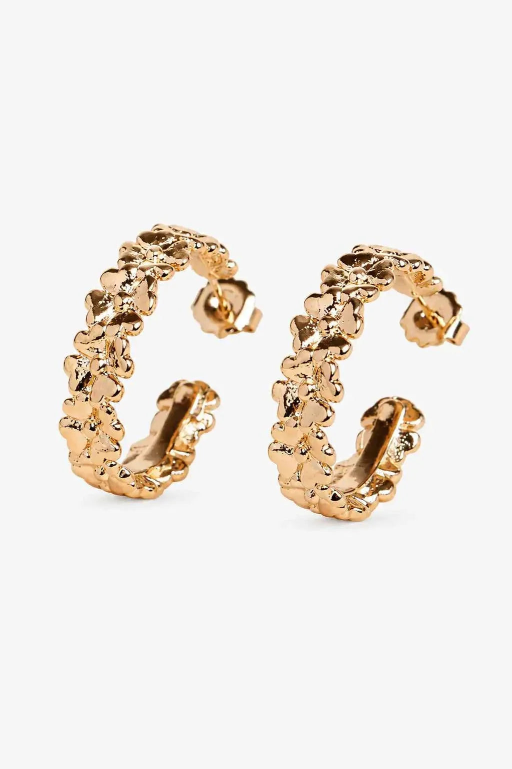 Bloom Floral Hoop Earrings in elegant gold-tone metal with an intricate floral pattern and textured finish