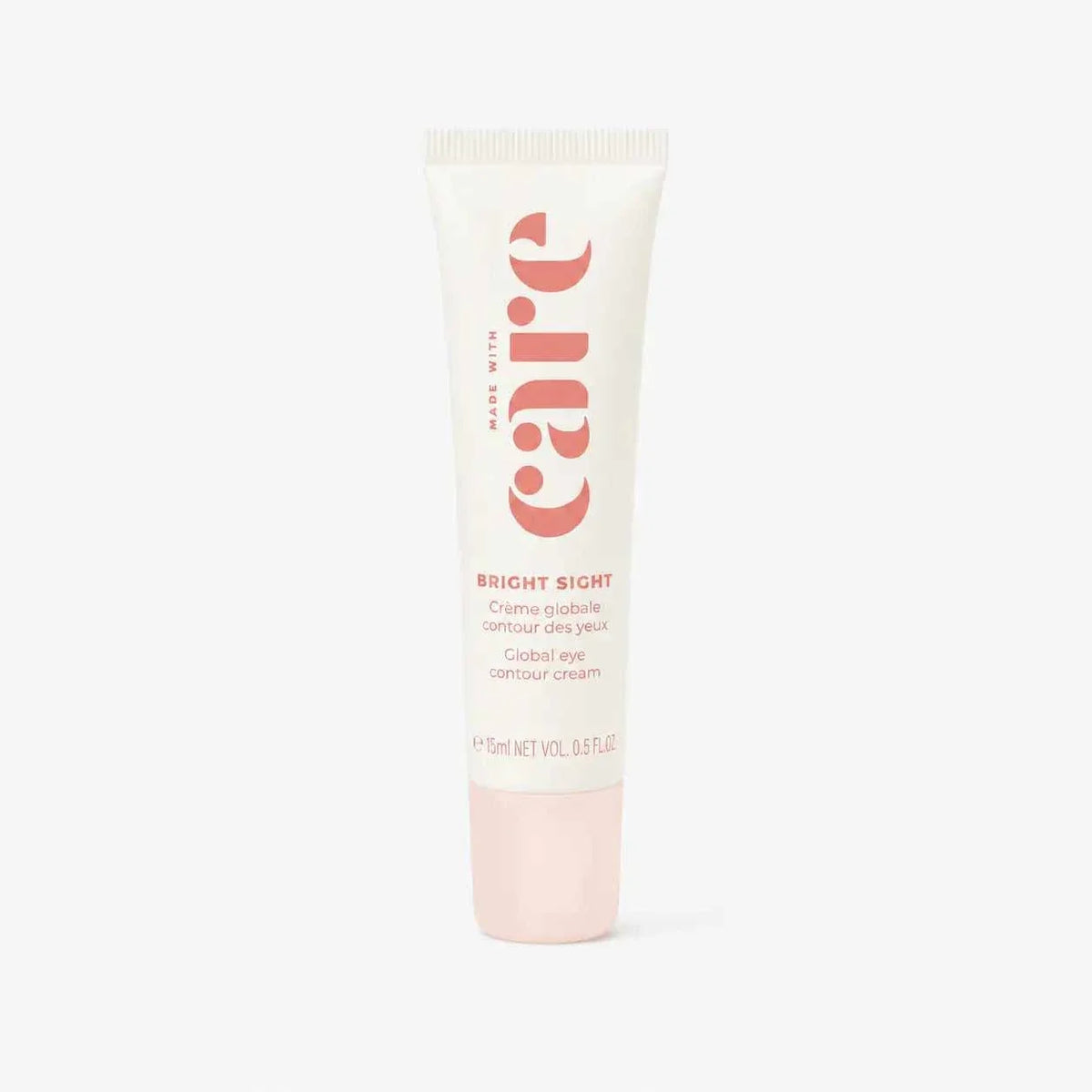 Care - Bright Sight - Eye Contour tube with white and light pink packaging, lightweight eye cream for hydration and firmness