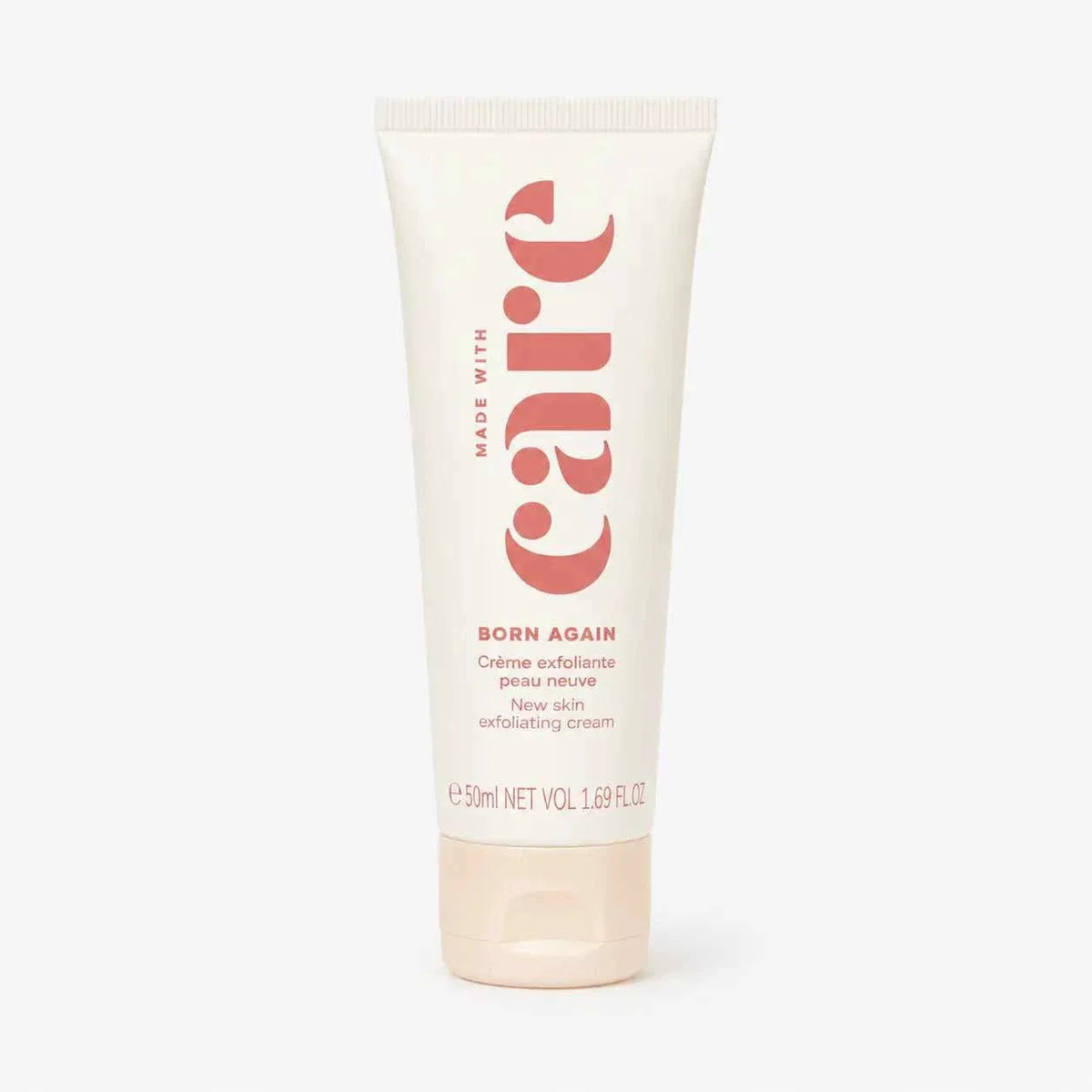 Care Exfoliating Cream in a white squeeze tube with pink lettering and beige cap, 50ml size
