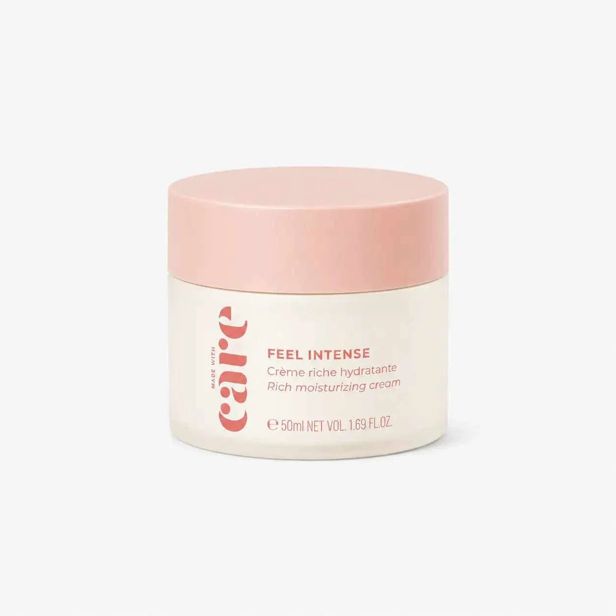 Care - Feel Intense - Day cream in white jar with pale pink lid featuring minimalist red text branding