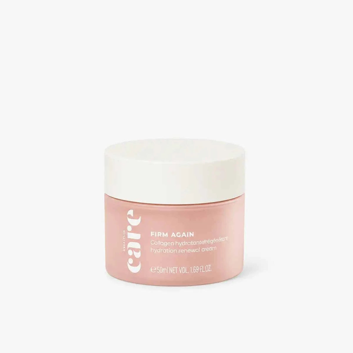 Care Firm hydration cream in a soft pink jar with a white lid, designed for firming and moisturizing skin