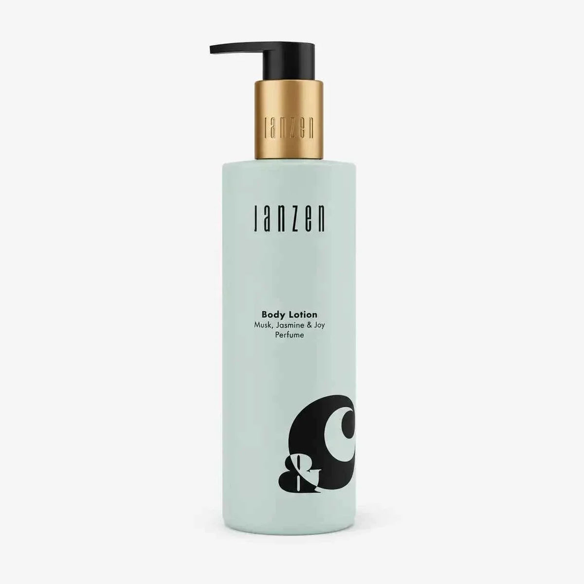 Janzen Body Lotion & in a pale blue bottle with gold pump, featuring musk jasmine and joy fragrance for soft skin