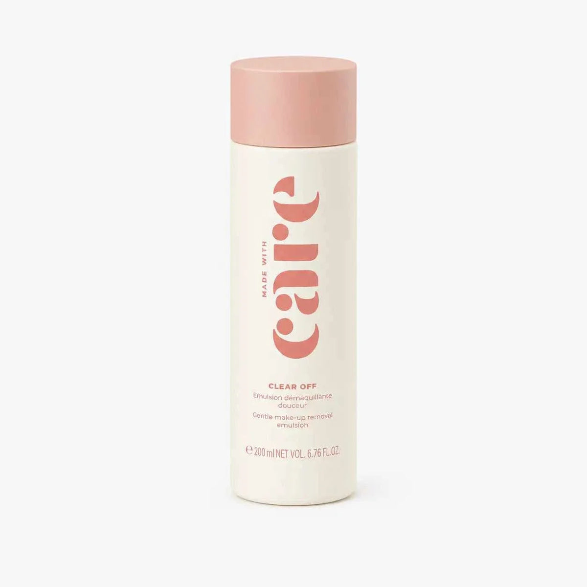 Made With Care - Clear Make-Up Removal gentle cleansing lotion in white bottle with pink cap and minimalist text