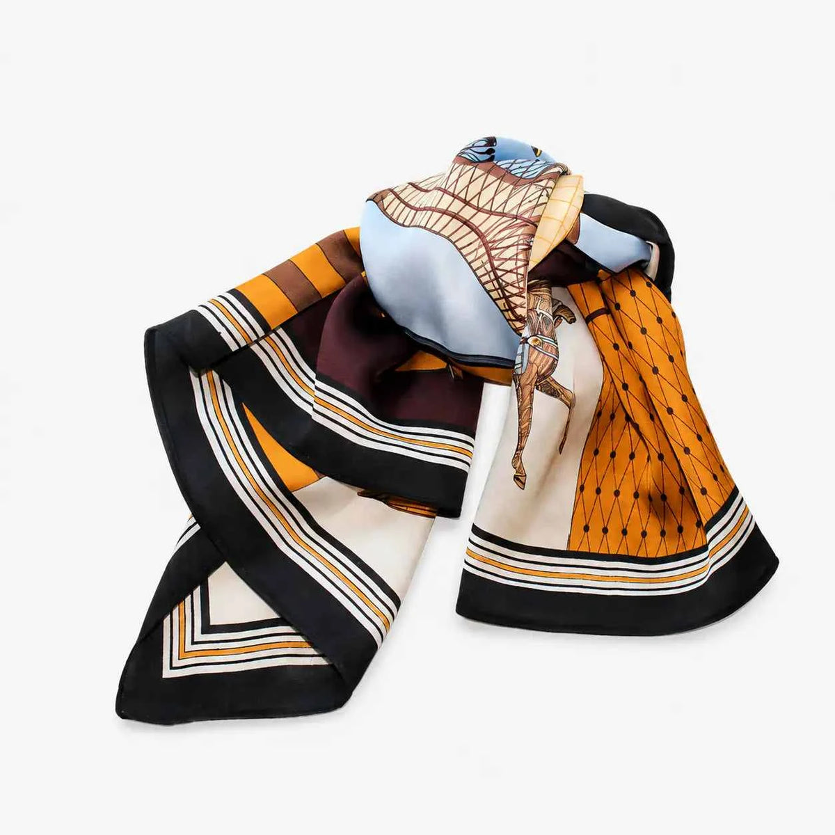 Satin Hair Scarf - Elegant blue and orange horse print silk satin scarf with black and white geometric borders