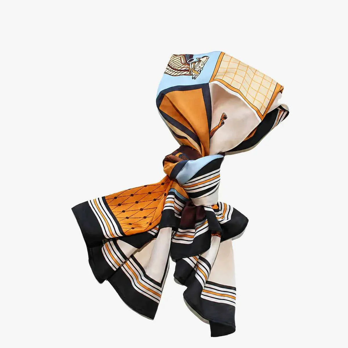 Satin Hair Scarf - Elegant blue and orange satin hair scarf with artistic horse print and geometric patterns