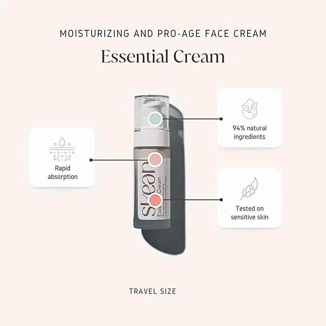 SkeanBeauty Essential Cream Travel Size in a sleek white and beige bottle, featuring rapid absorption and 94% natural ingredients