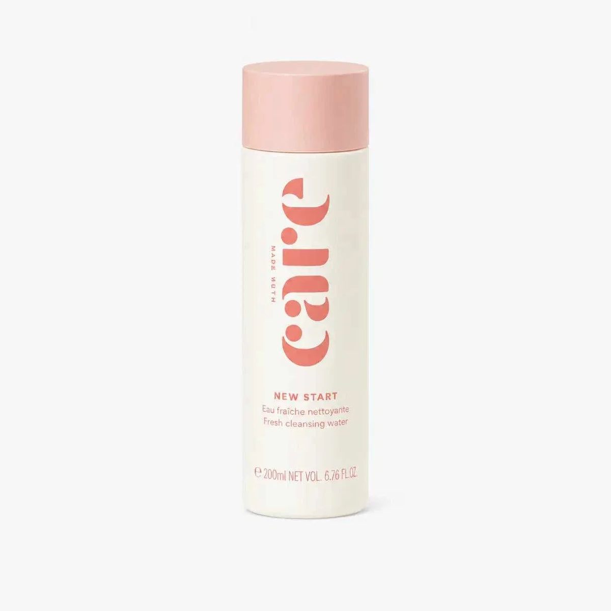 Start - Cleansing Water bottle with white body and soft pink cap featuring minimalist coral text design