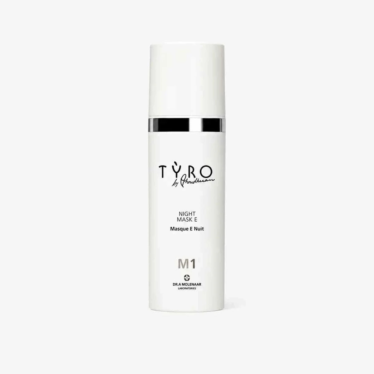 Tyro Night Mask E white cylindrical bottle with black and silver band, minimalist label design