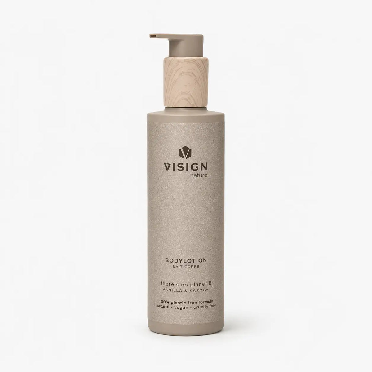 Vision Bodylotion in a beige eco-friendly bottle with a wood-textured pump, featuring minimalist branding and text
