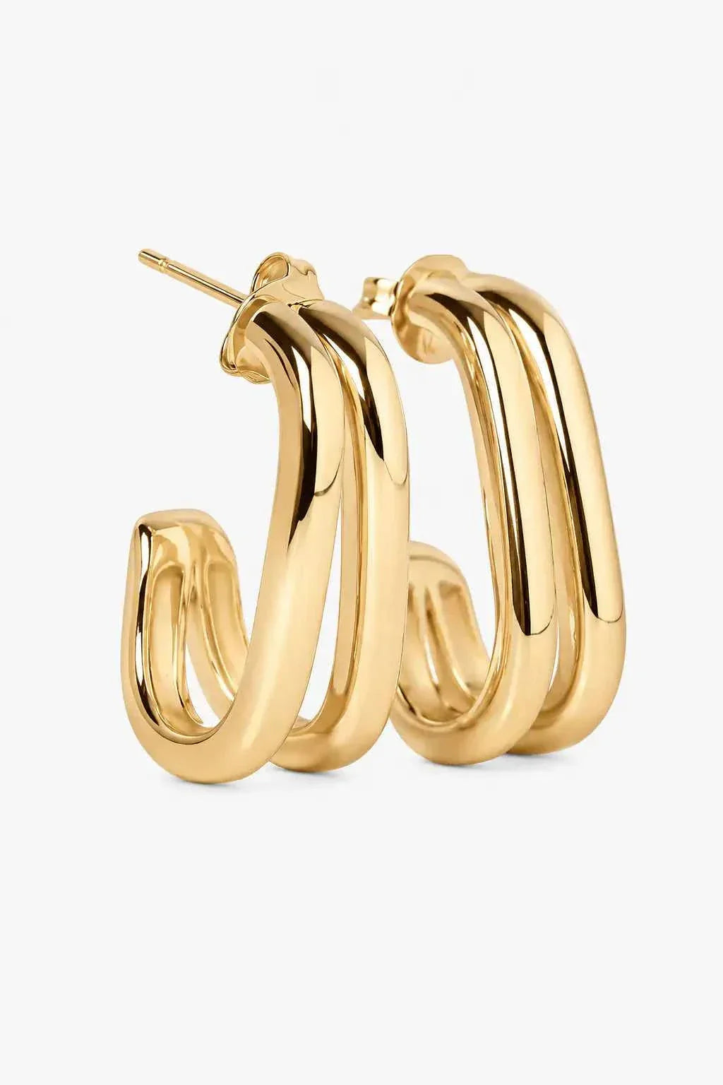 WAEKURA Mona earrings in polished gold-tone with a modern, minimalist rectangular hoop design for elegant style