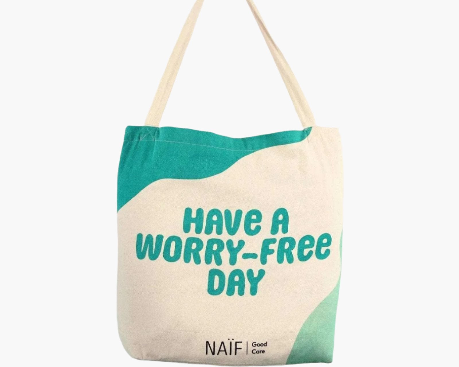 Naïf shopper tote bag with "Have a Worry-Free Day" text, free with €35 Naïf purchase.